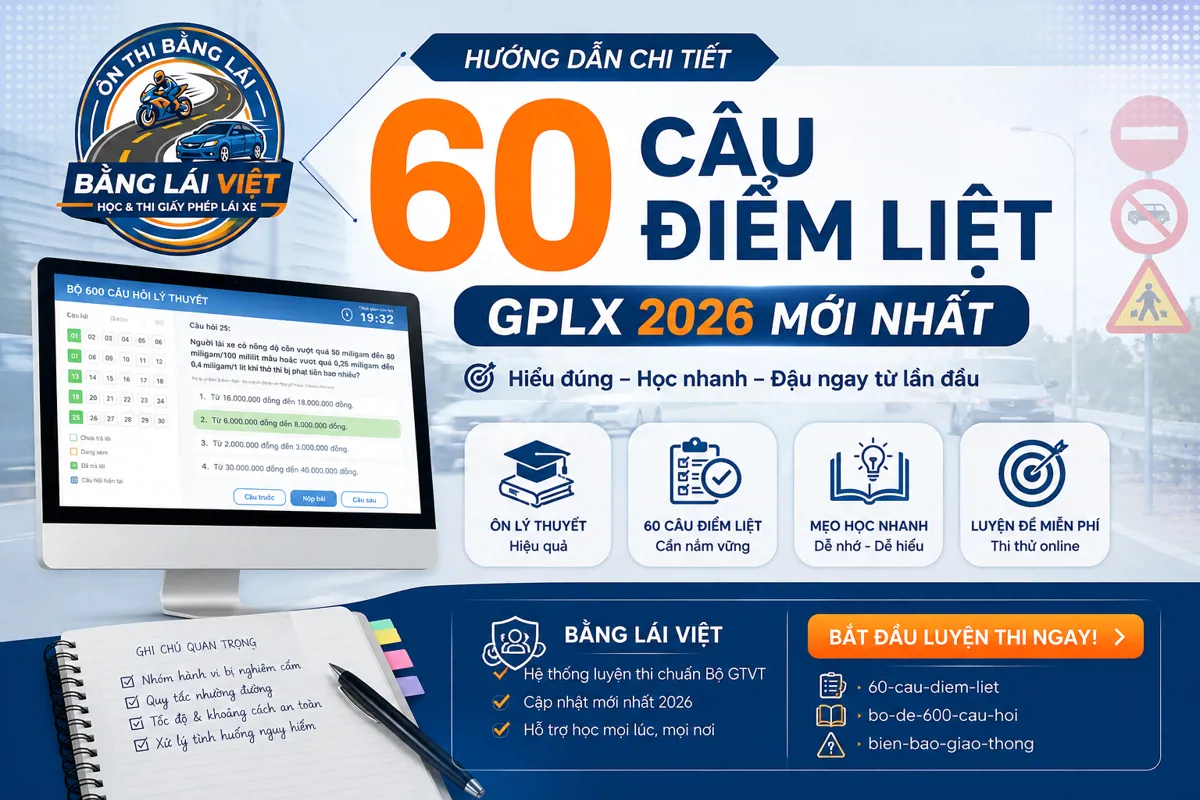 60 Câu Điểm Liệt GPLX 2026 Gồm Những Câu Nào? Cách Học Nhanh Và Nhớ Lâu